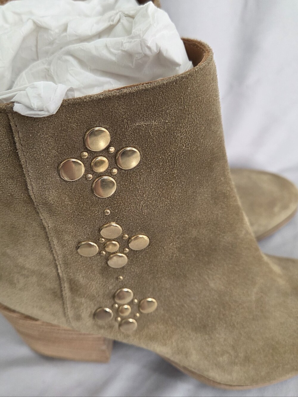 Frye Suede Ankle Boot with Gold Stud Detail - Tan